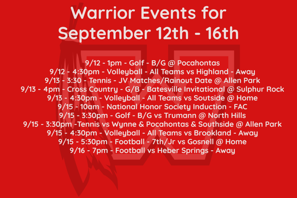 Warrior Events for September 12-16th