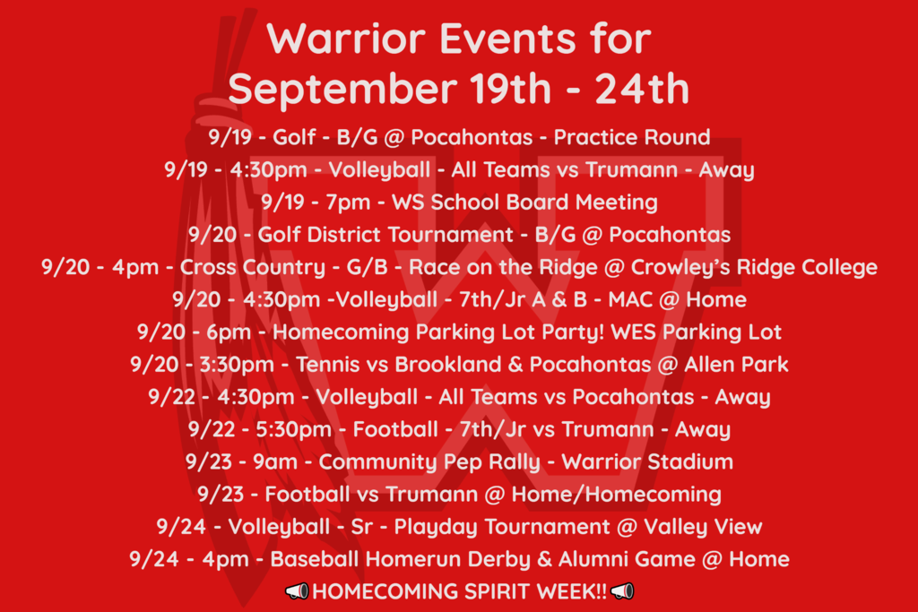 Warrior Event Schedule for September 19-24