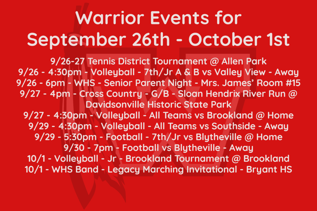 Warrior Events 9/26-10/1