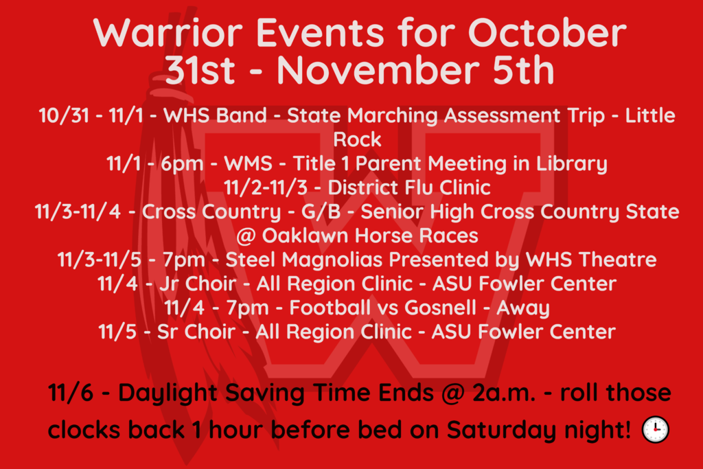 Warrior Events 10/31-11/5