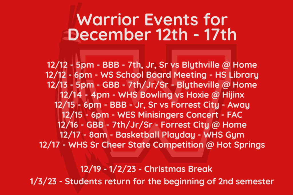 Warrior Events 12/12-17