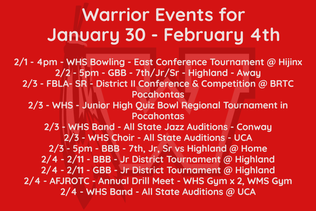 Warrior Events for January 30th - February 4th