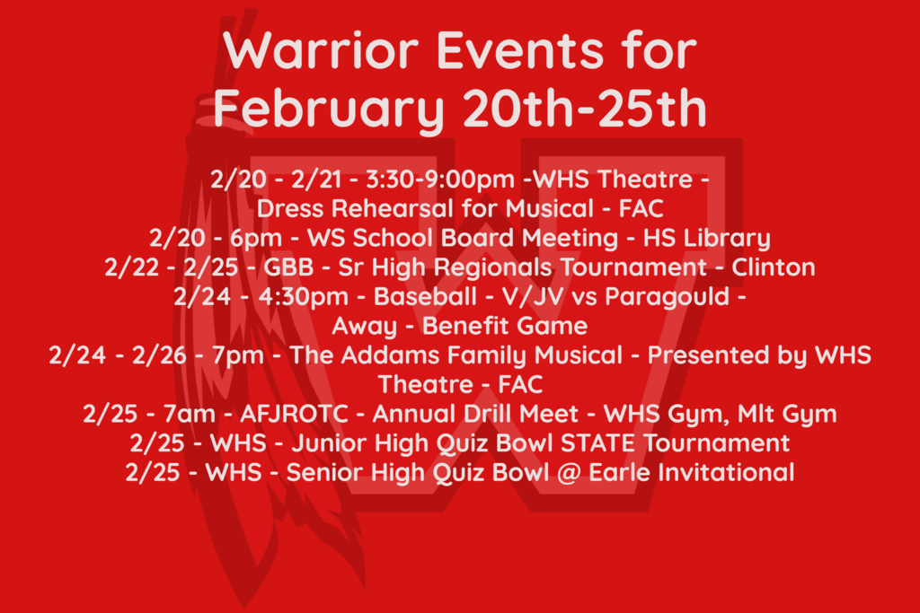 Warrior Events for 2/20-2/25