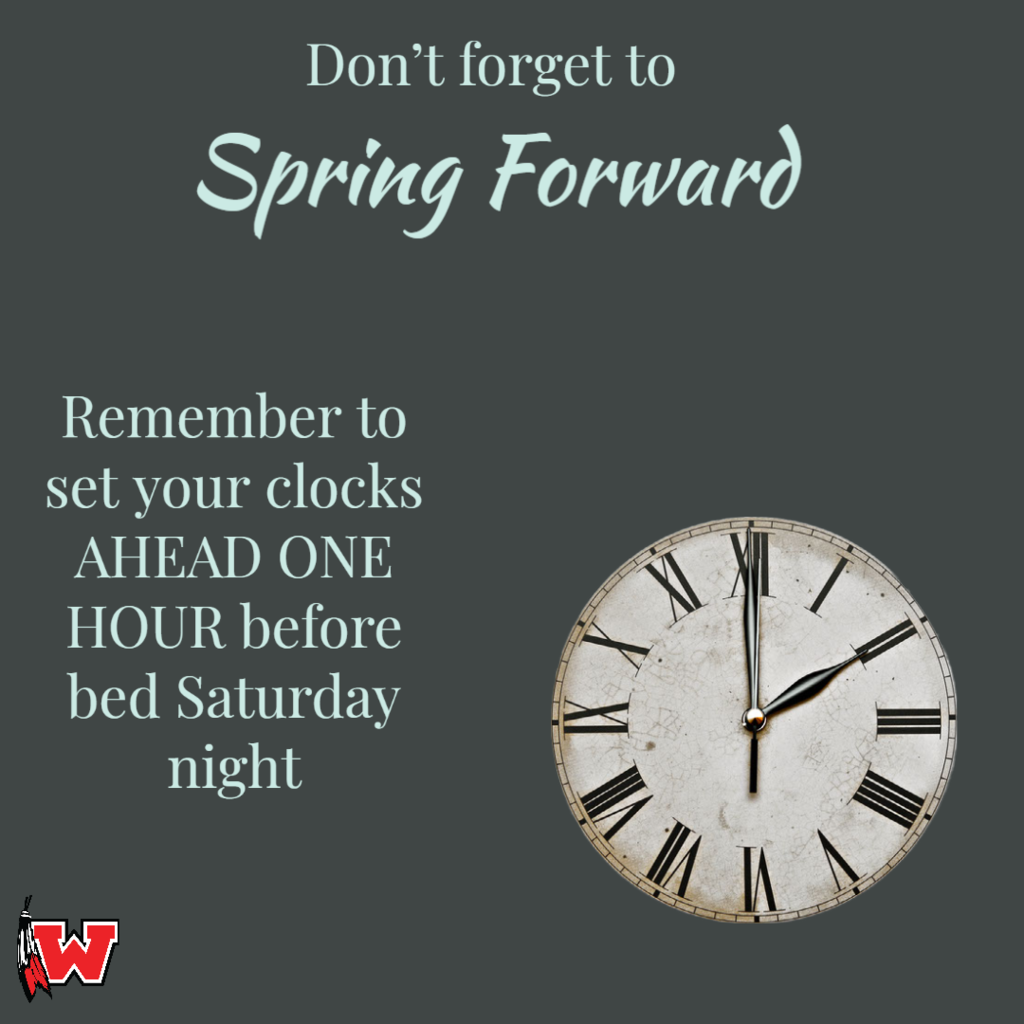 Daylight Saving Time begins on March 12, 2023.  Set your clocks one hour ahead on Saturday before bed.