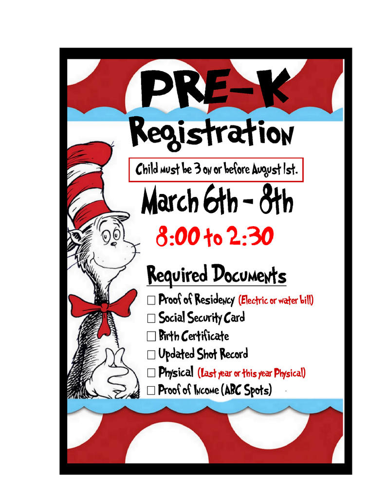 Pre-K Registration March 6th-8th 8-2:30