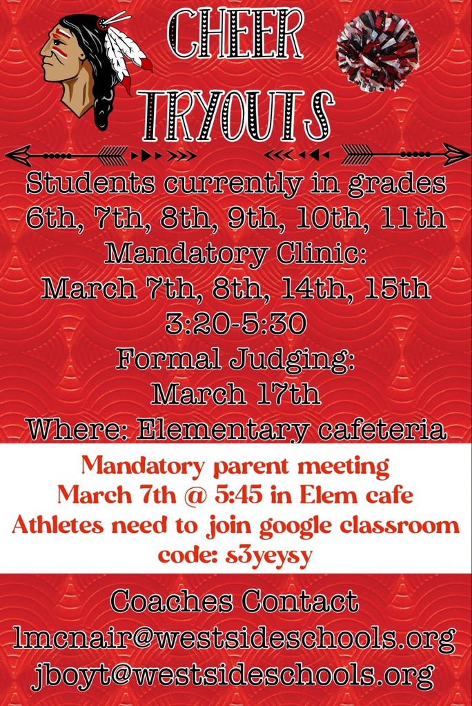 Cheer Tryouts for grades  6th-11th, March 6,7,8,9,10,11th