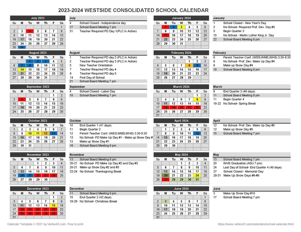 2023-2024 Westside School Calendar